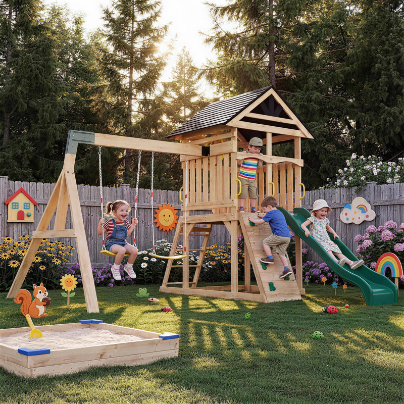 Portique en bois avec glissade ondulée, mur d'escalade, 2 balançoires à sangles et tour d'observation, aire de jeux pour enfants dans le jardin.