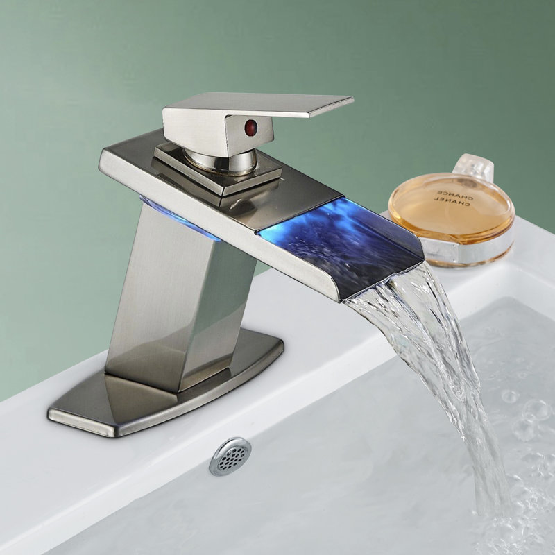 LED Waterfall Spout Single Hole Bathroom Faucet, Brushed Nickel