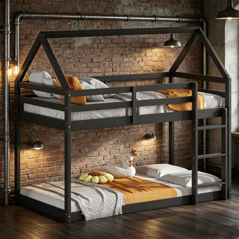 Lit superposé simple au-dessus de simple en bois massif avec échelle, en forme de maison, Black