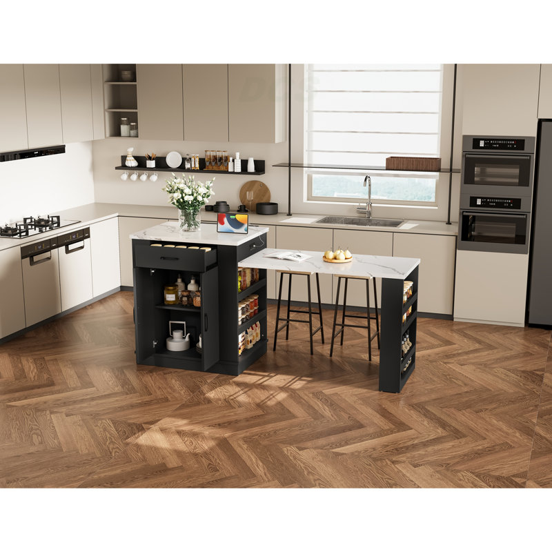 Console d'îlot extensible avec tiroirs, armoire à deux portes et tablettes ouvertes. Sert de table de salle à manger, de bar pour le petit-déjeuner temporaire et de salon de thé l'après-midi, noir