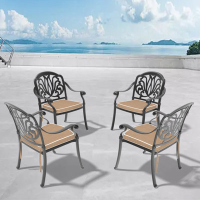Cast Aluminum Patio Dining Chair 4Pcs With Frame And Cushions Kitchen Chairs Modern Dining Chairs Outdoor Dining Chairs by Wildon Home