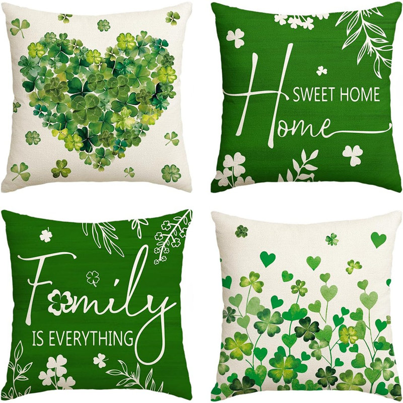 Ensemble de 4 coussins décoratifs ST Patricks Day Home Sweet Home Clovers Heart