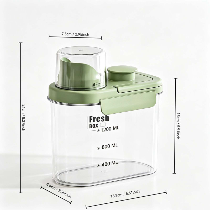 Boîte de conservation hermétique avec clip et bec verseur, 1200 ml, en plastique transparent, idéale pour les céréales., Vert