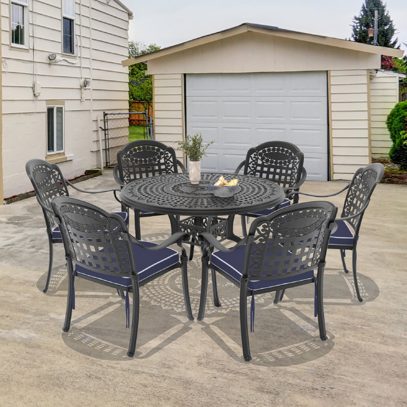 47.24-inch  Round Table Cast Aluminum Outdoor Dining Set with Umbrella Hole and Blue Cushions, 6