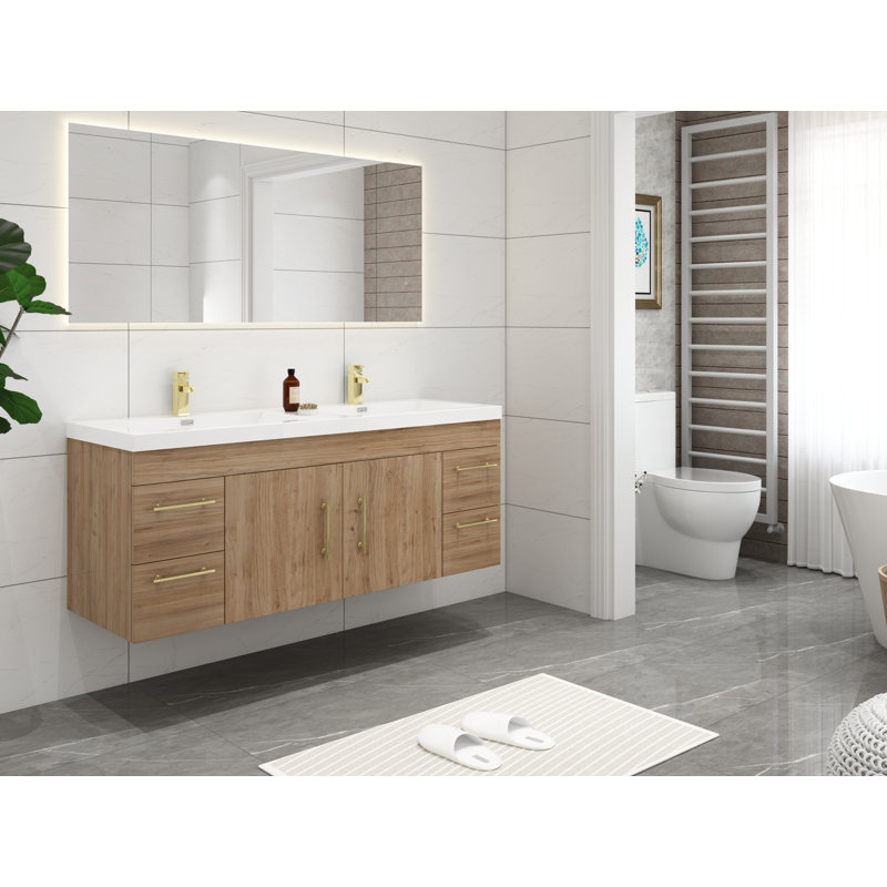 Meuble-lavabo mural double 59 po Romer, Naturel / chêne, Or