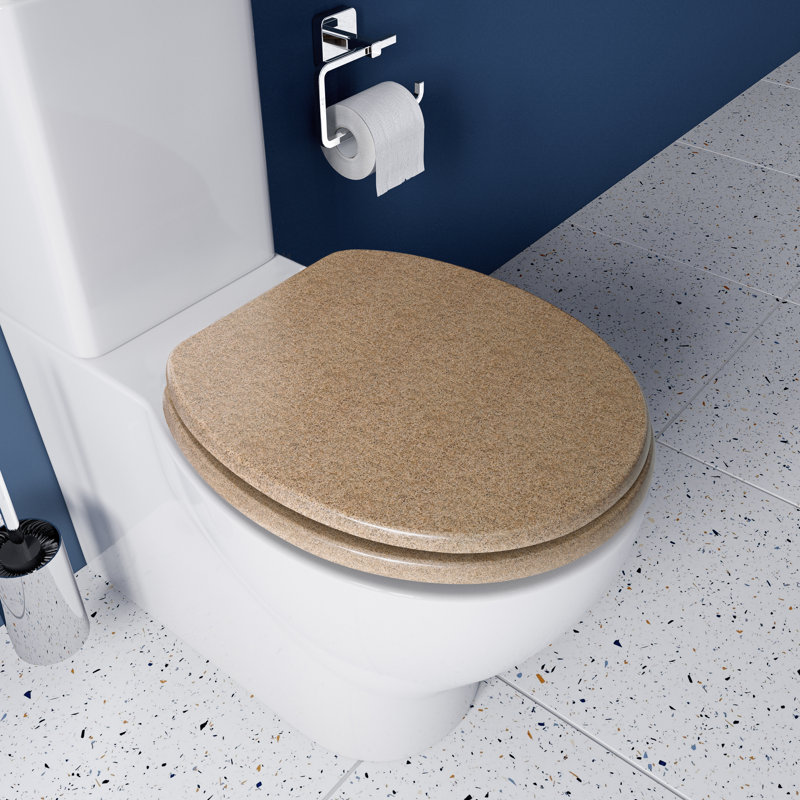 Dorney Flexi-Fix Wooden Toilet Seat - Adjustable Hinges with Top & Bottom Fixings Included and Rust Free Chrome Plated Hinge Covers, Antibacterial Treated Surface (Sandstone Effect)