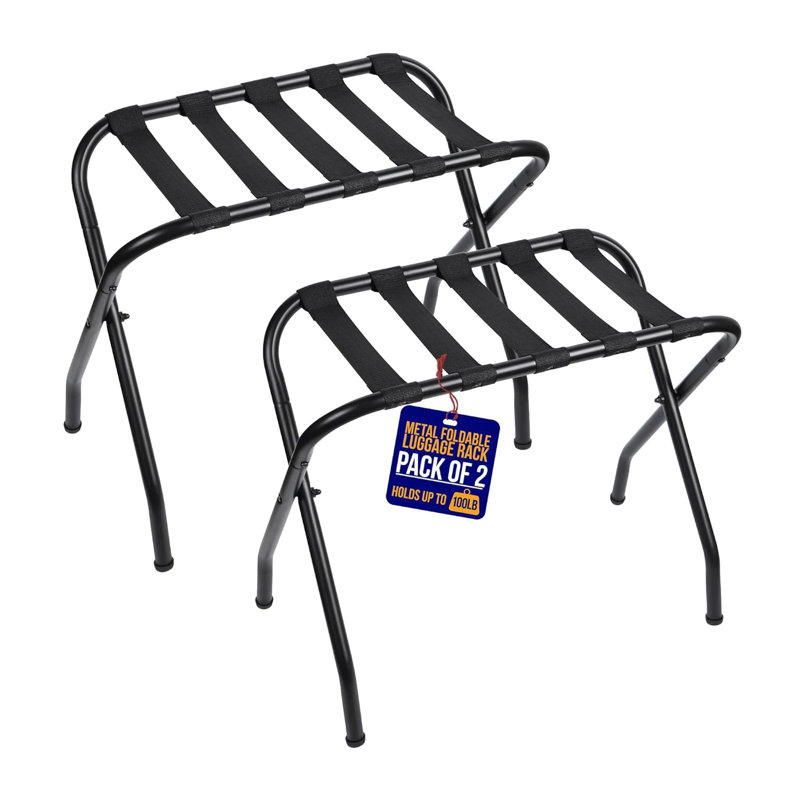 Porte-bagages pliable en métal Lifemaster pour chambre à coucher - Porte-valises peu encombrants avec structure en acier, capacité de 100 lb, assemblage facile, sangles en nylon (noir, 2 pièces)