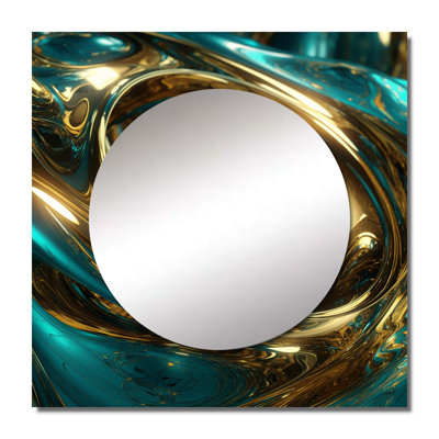 Rhythm Of Infinity 3D Turquoise Gold Sphere III - Abstract Fractal Square Mirror For Wall Art Decor