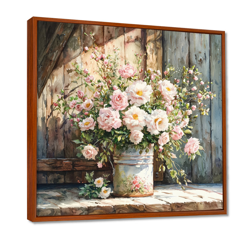 «Dontonio Summer Blush Rose Bouquet At The Barn I» - roses, art mural, Impression encadrée flottante, Brun, H 16 po x l 16 po