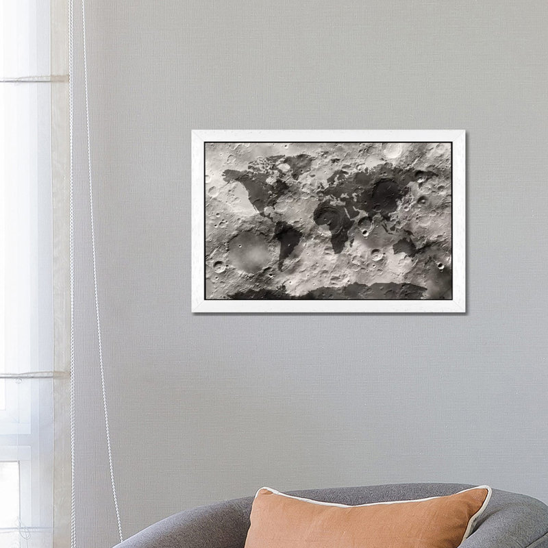 World Map On The Moon's Surface by Michael Tompsett - Print on Canvas, 66.04 cm H x 45.72 cm W x 1.91 cm D, White Framed