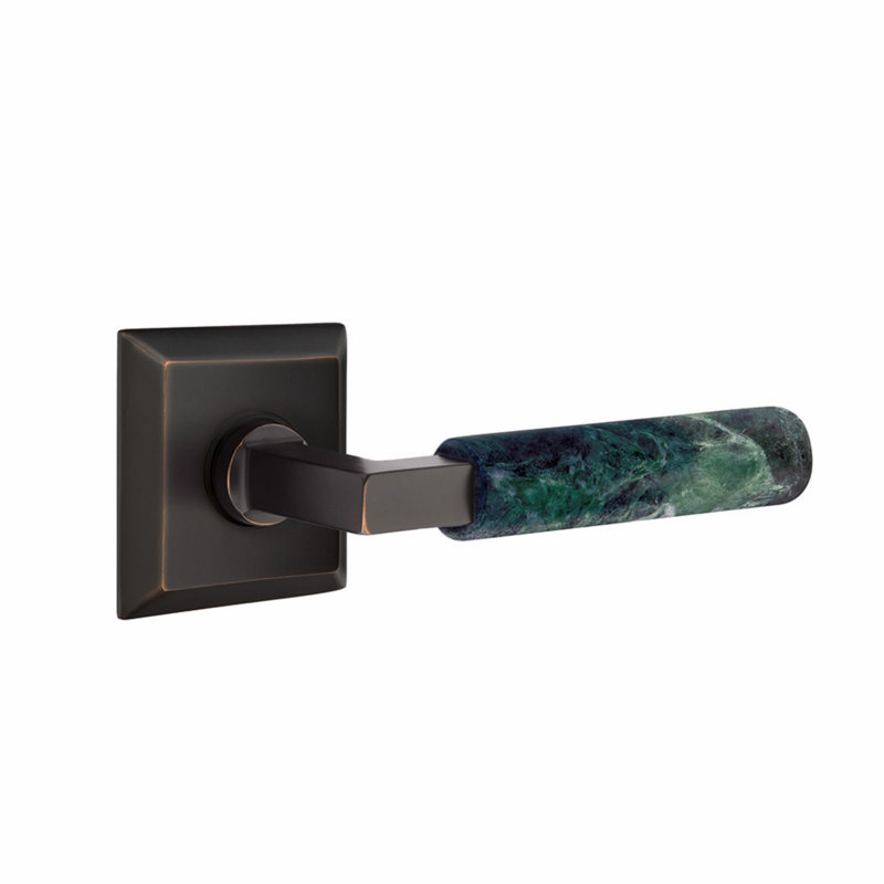 Ensemble de leviers d'intimité Emtek Select, rosette Quincy, tige carrée en L, poignée en marbre vert, CF, Bronze huilé