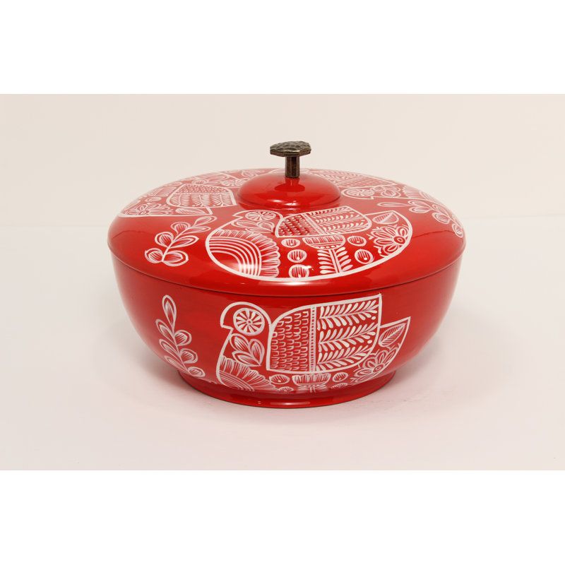 1.5Qt Tortilla Holder W/ Metal Handle, White/Red