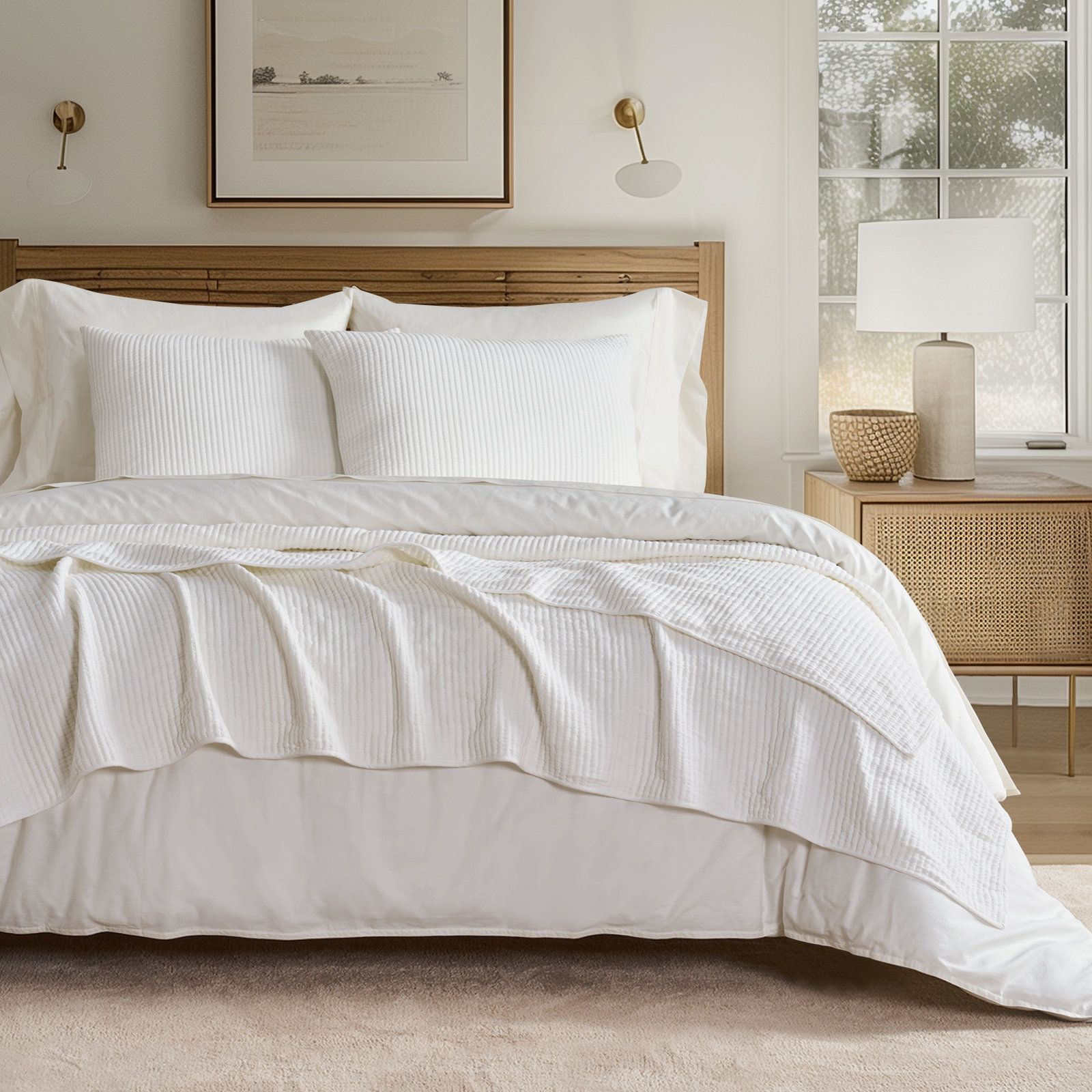 Ribbed Matelassé Cotton Coverlet Set, King Quilt + 2 King Shams, Blue Linen