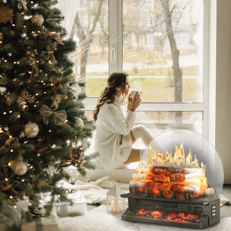  Electric fireplace log heater with remote control, realistic ember bed, adjustable brightness, temperature, speed, and sound effects.