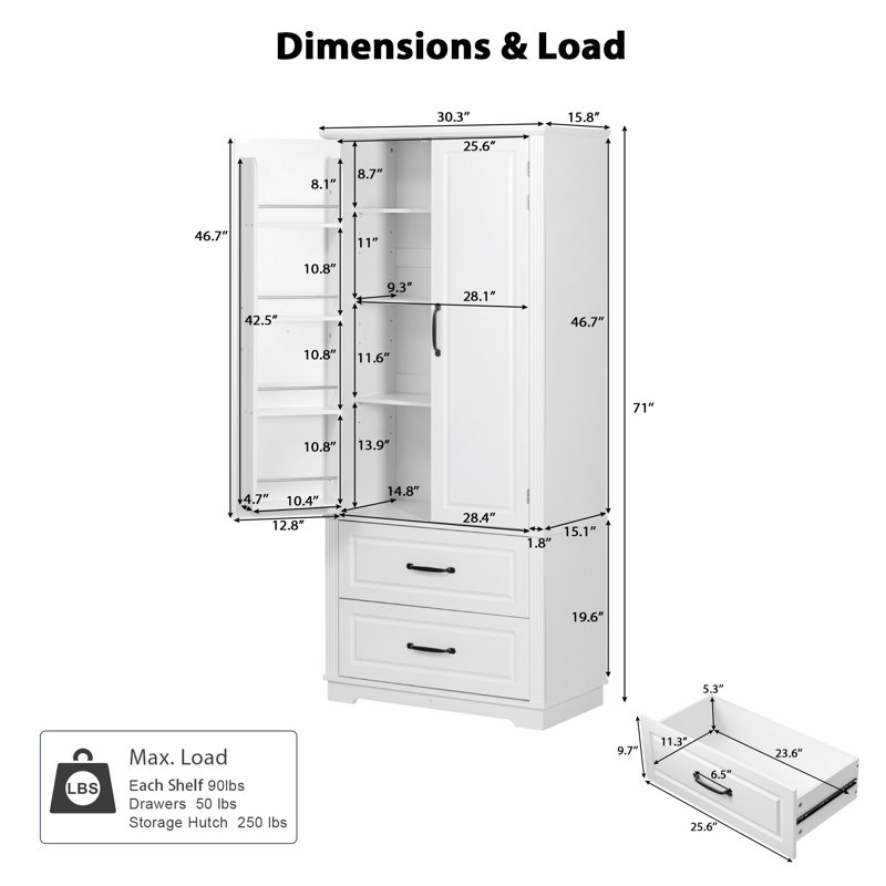 Armoire de rangement 71 po avec tablette réglable et tiroir, Blanc