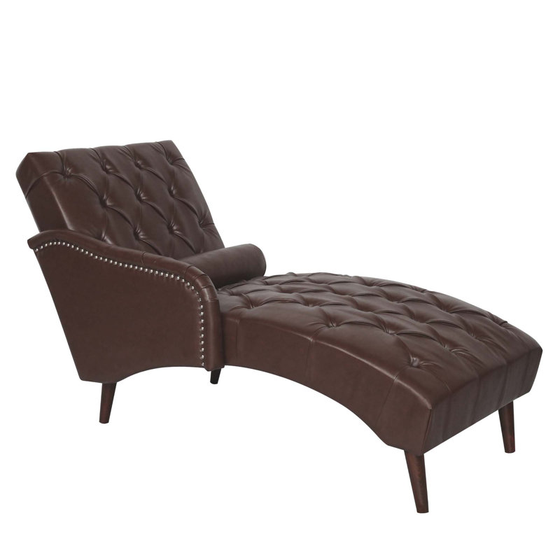 Chaise Lounge Arm Chair With Pillow And Solid Wood Legs, Upholstered In Dark Brown PU For Ultimate Comfort And Style