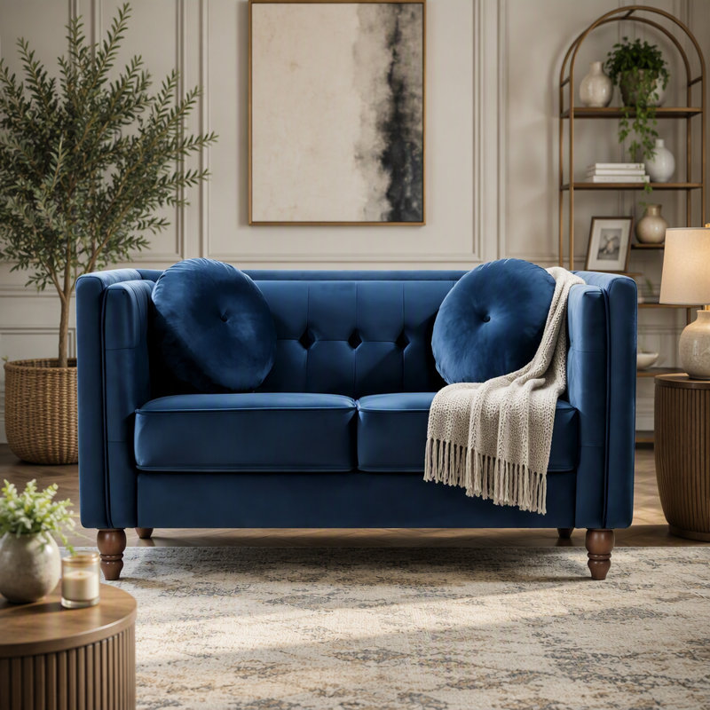 Canapé Chesterfield 2 places Chesterfield, Velours bleu foncé