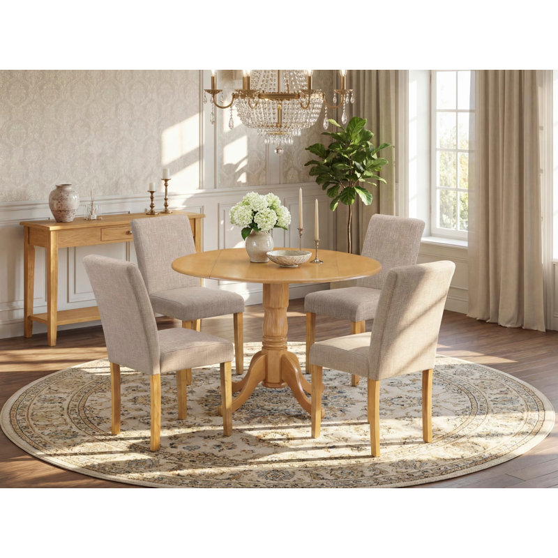 L'ensemble de 5 pièces pour salle à manger pour 4 personnes comprend une table de salle à manger ronde avec Dropleaf et 4 chaises de salle à manger Parsons en tissu brun clair clair, 42 x 42 pouces, chêne
