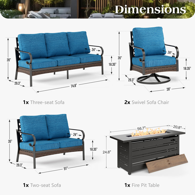 7 Person Outdoor Conversation Set With Swivel Lounge Chairs, Loveseat & Fire Pit Table, Black/Peacock Blue/Black