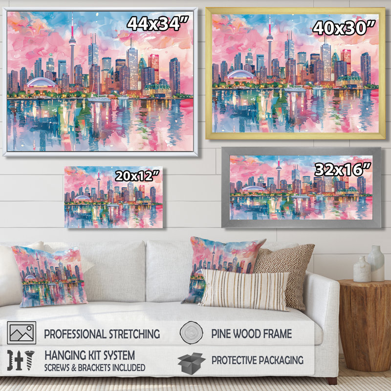 «Pink Toronto Cityscape View I - City Toronto», art mural, Cadre flottant doré, H 28 po x l 60 po