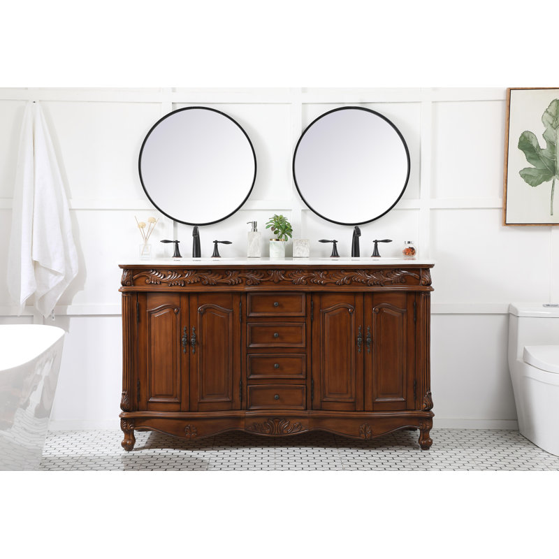 Mannie 60'' Double Bathroom Vanity with Engineered Marble Top, Teak, White