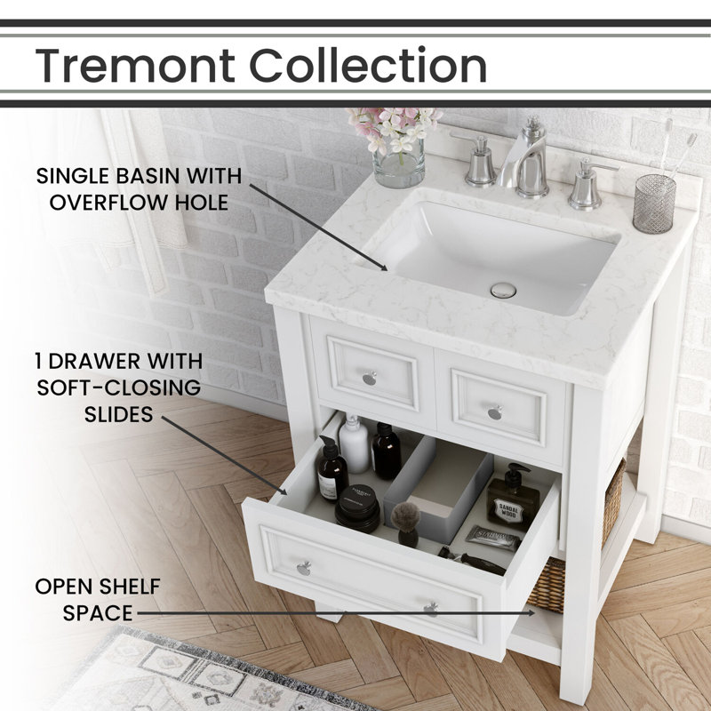 Hanover Tremont 24'' White Vanity Cabinet with Marble Countertop