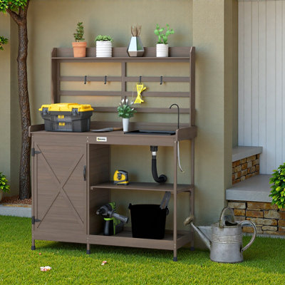 Wooden Potting Bench with Storage, Sink, Water Tap for Backyard, Patio, Balcony