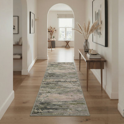 Tapis gris / rose / vert à motif abstrait lavable à la machine avec envers antidérapant Lucchesi