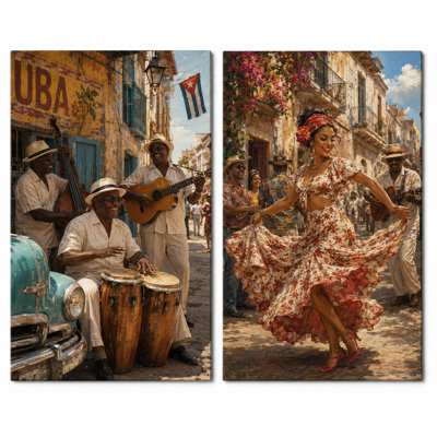 Large Set of 2 Cuban Music Wall Art Canvas Prints, Tropical Havana Street Dance Artwork for Living Room Bar Lounge Decor 16x24 Inch Canvas Print - Ready to hang