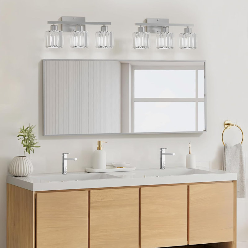 3-Light Bathroom Vanity Light Fixture, Brushed Nickel Wall Sconce With Crystal Glass Shades For Mirror, Kitchen, Living Room, E26 Base (Bulbs Not Included)