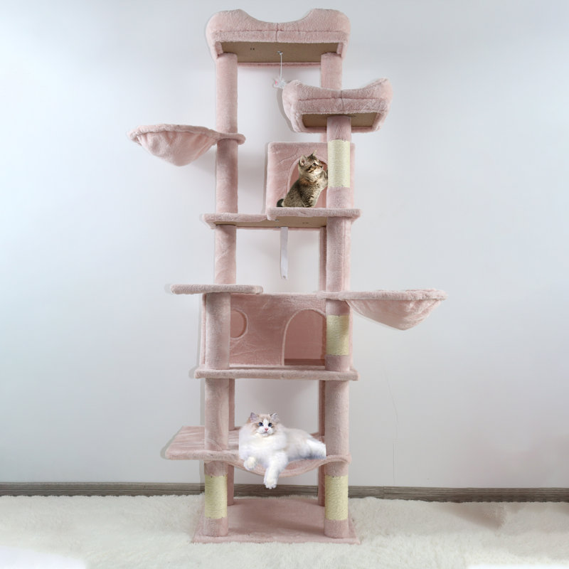 Arbre à chat Whisker de 68 po rose à plusieurs niveaux avec hamacs, panier suspendu, grotte pour chat et poteaux à griffer