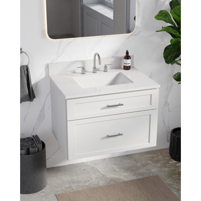  30" Floating Wall Mounted Single Bathroom Vanity With Carrara Quartz Top