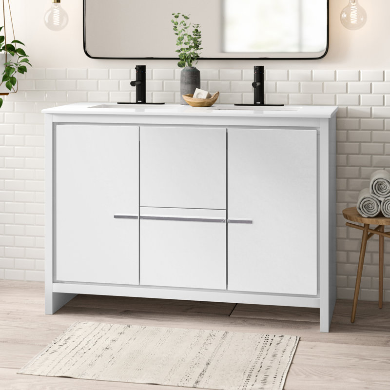 Ensemble de meuble-lavabo double 48 po Meraris, Blanc très luisant