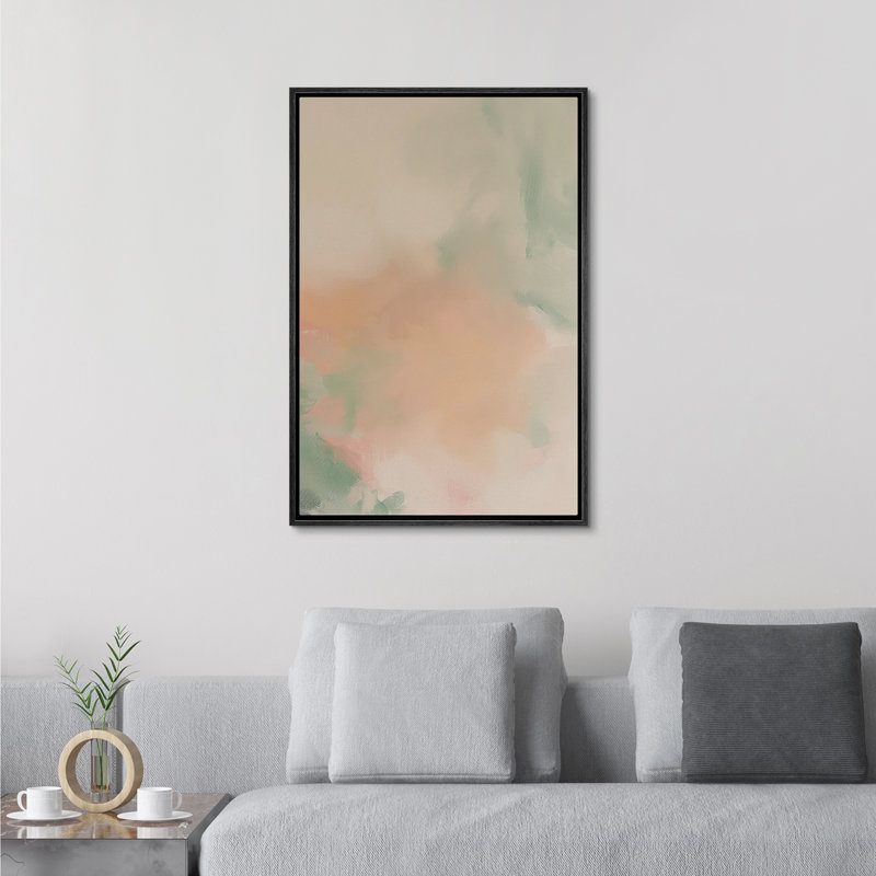 Aquarelle pastel vert clair abstrait moderne coups de peinture encadrés, images de salon, Cadre noir, H 36 po x l 24 po