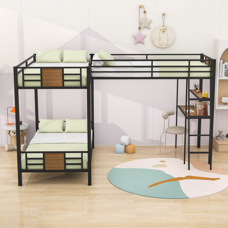 L-Shaped Twin Over Twin And Twin Bunk Bed With Built-In Desk, Ladder And Shelf