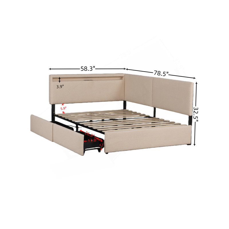  Upholstered Cloud Bed Frame with Headboard, with 2 Storage Drawers , LED light and USB Charging Design
