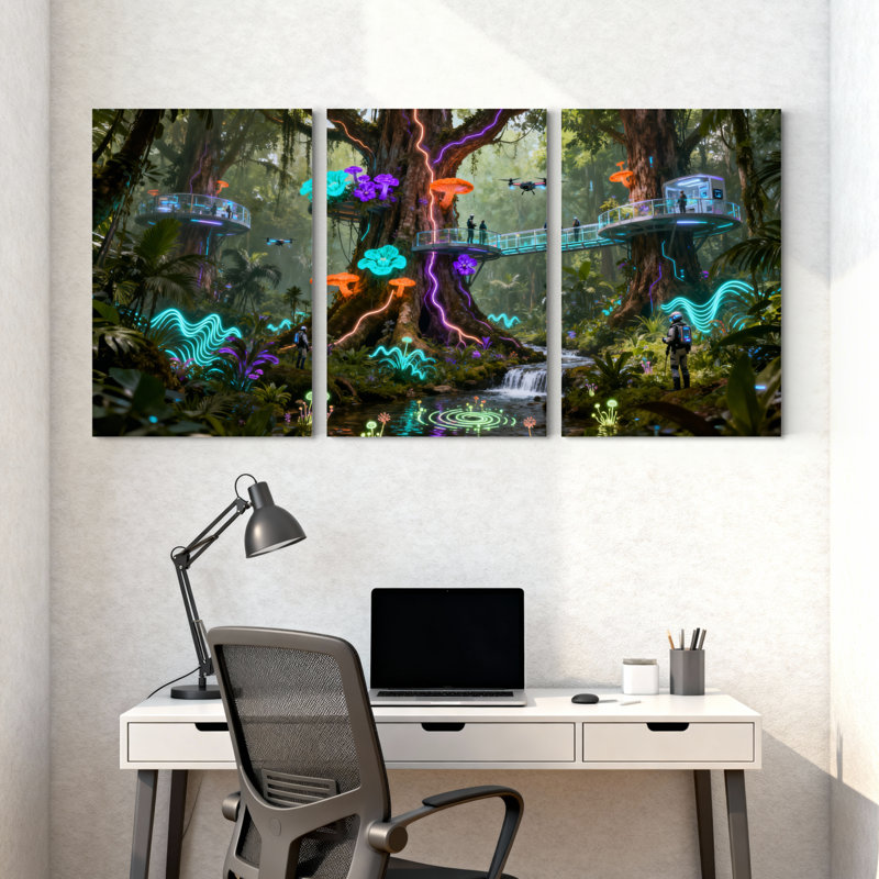 Fantaisie et science-fiction, forêt, néons, pont, arbres, cascade, lueur, ensemble de 3 impressions sur toile