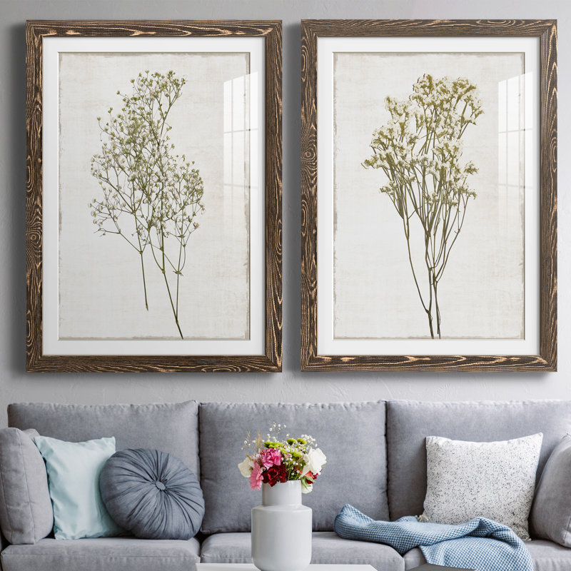 «Farmhouse Pressed Flower I», ensemble de 2 impressions, H 37,5 po x l 55 po x P 1,5 po, Papier, cadre noyer