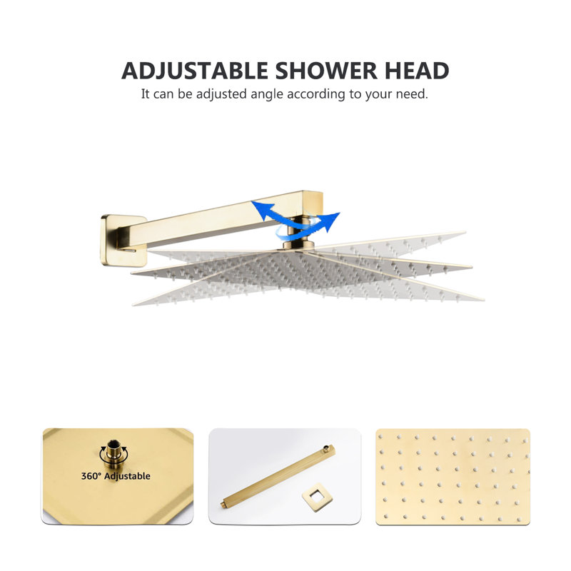 Wall Mounted 10 Inch Brushed Gold Complete Shower With Adjustable Water Flow, Diverter Valve, And - Cold Shock Function System Built In Hot Mixing, Top Spray For A Soothing Bath