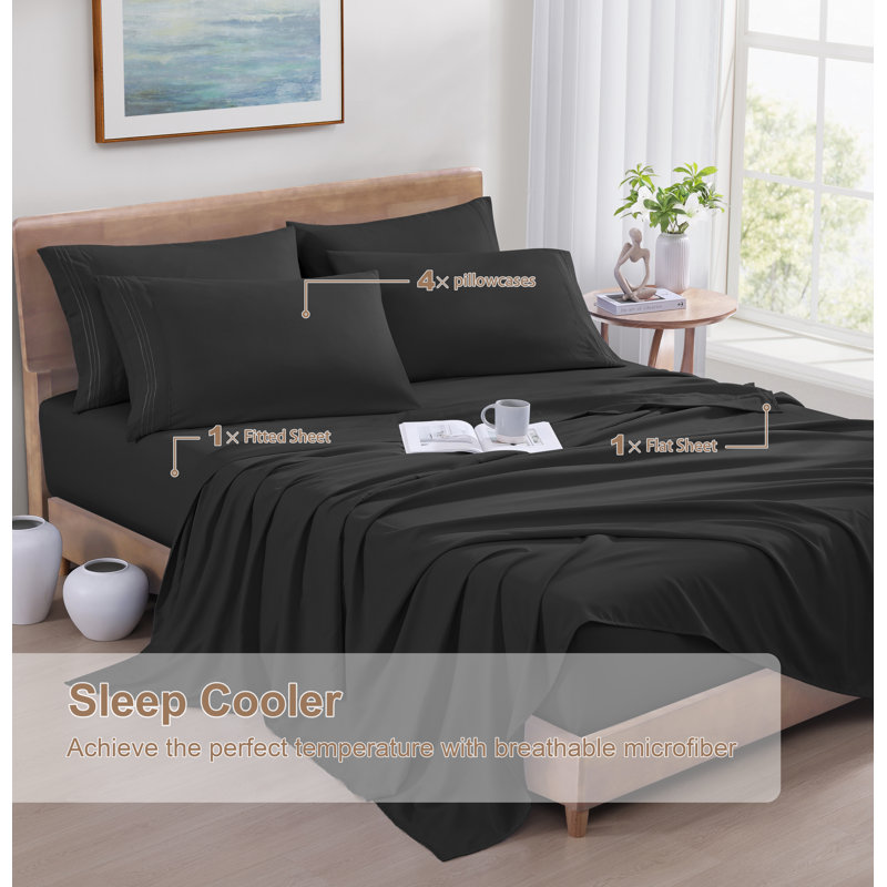 Ensemble de draps 6 pièces, Couvre-lit / courtepointe simple, Noir