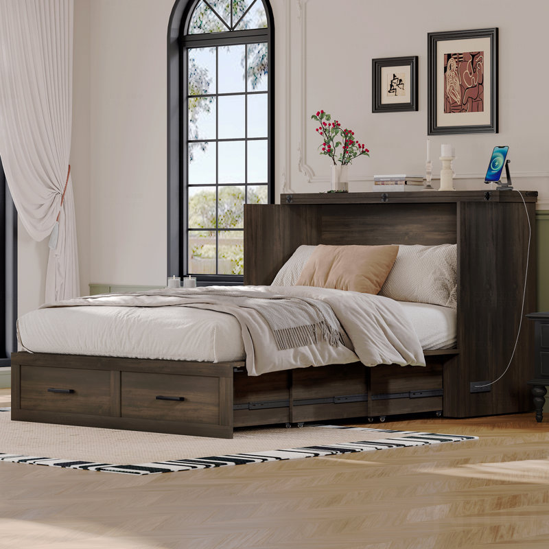 Structure de lit double escamotable de style campagnard pleine grandeur avec station de charge, cadre de lit plateforme pliable avec grand tiroir de rangement pour chambre d'amis, petit lit de chambre à coucher, gris rustique