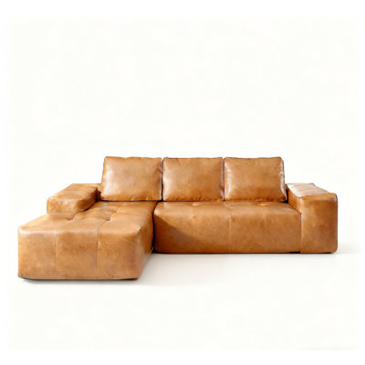 Boneless Couches for Living Room, Brown Faux Leather Cloud Sectional Couches with Chaise, Deep Seat L Shaped Modular Sofa, No Assembly Required Sofas in a Box (Left,Faux Leather,Brown)