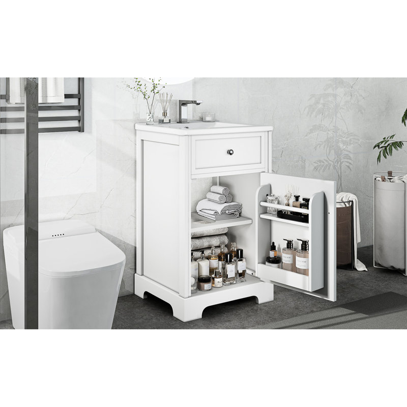Meuble-lavabo de 20 po avec lavabo - rangement blanc moderne, porte à fermeture douce, tablette de rangement réglable, Blanc