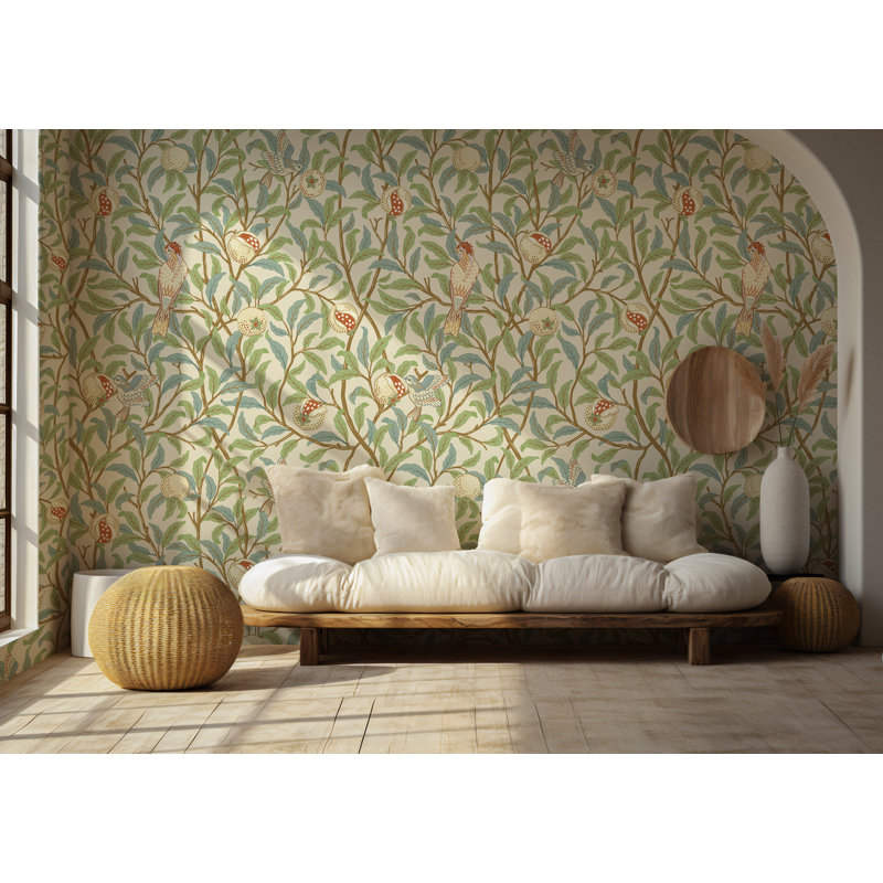 Papier peint rétro vert botanique et grenade, 100" L x 180" W, Peel & Stick