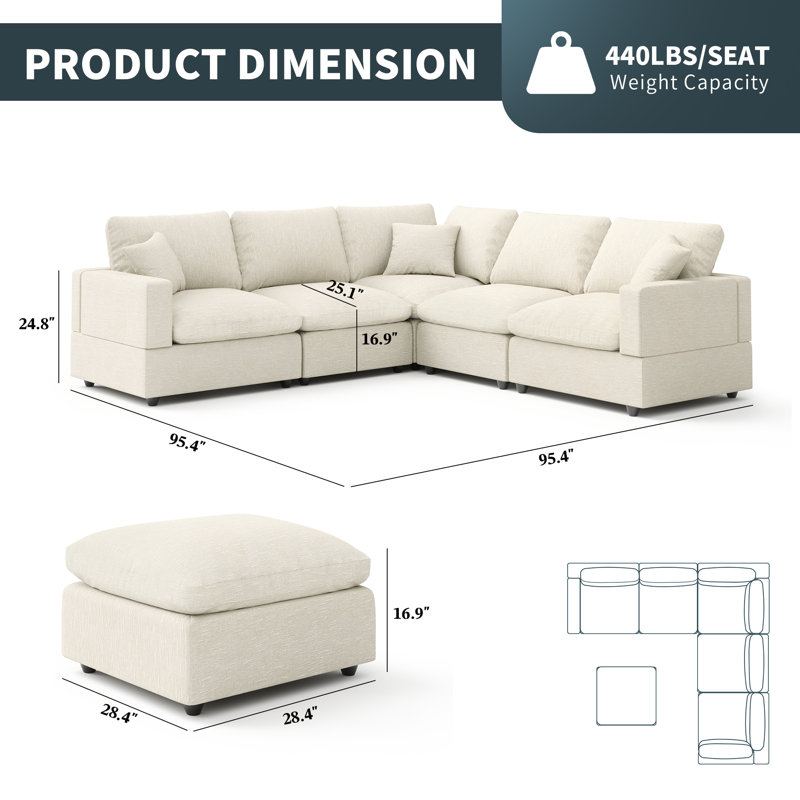 Canapé modulaire avec repose-pieds en L pour canapé-lit de 95,4 po Otina, Mélange de lin beige