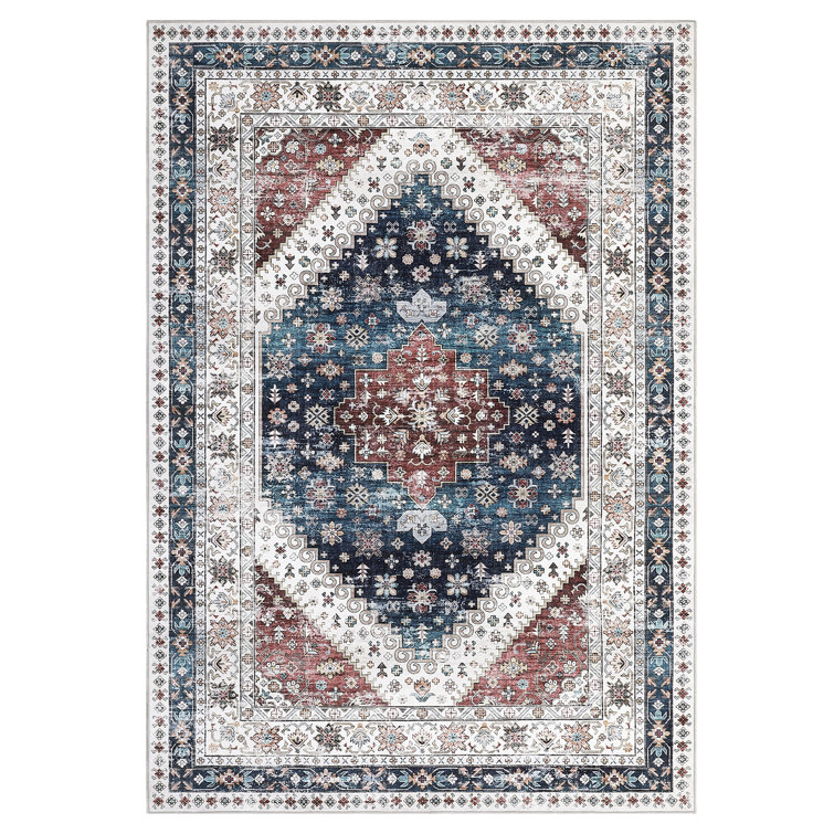 Machine Washable Rug with Rubber Backing for Living Room Boho Non-Slip Dining Room Rug Easy-Cleaning Floor Carpet for Bedroom