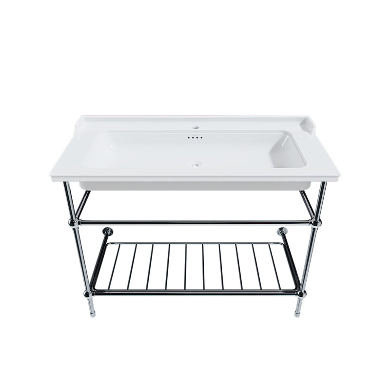 Gloss White Fireclay Rectangular Console Bathroom Sink with Overflow, Single, Chrome