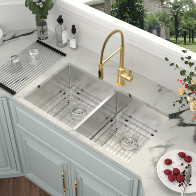 33" L x 19" W Undermount Stainless Steel Double Bowl Kitchen Sink with Sink Grid, Strainer and Roll-up Rack