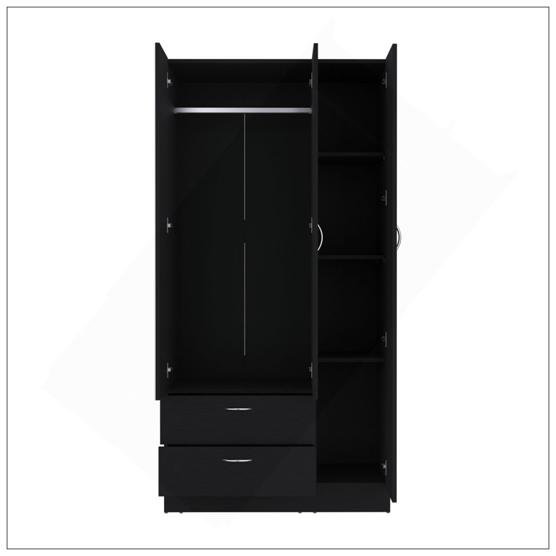 Armoire à miroir 3 portes Riverside avec deux tiroirs, quatre tablettes et une tringle, Noir