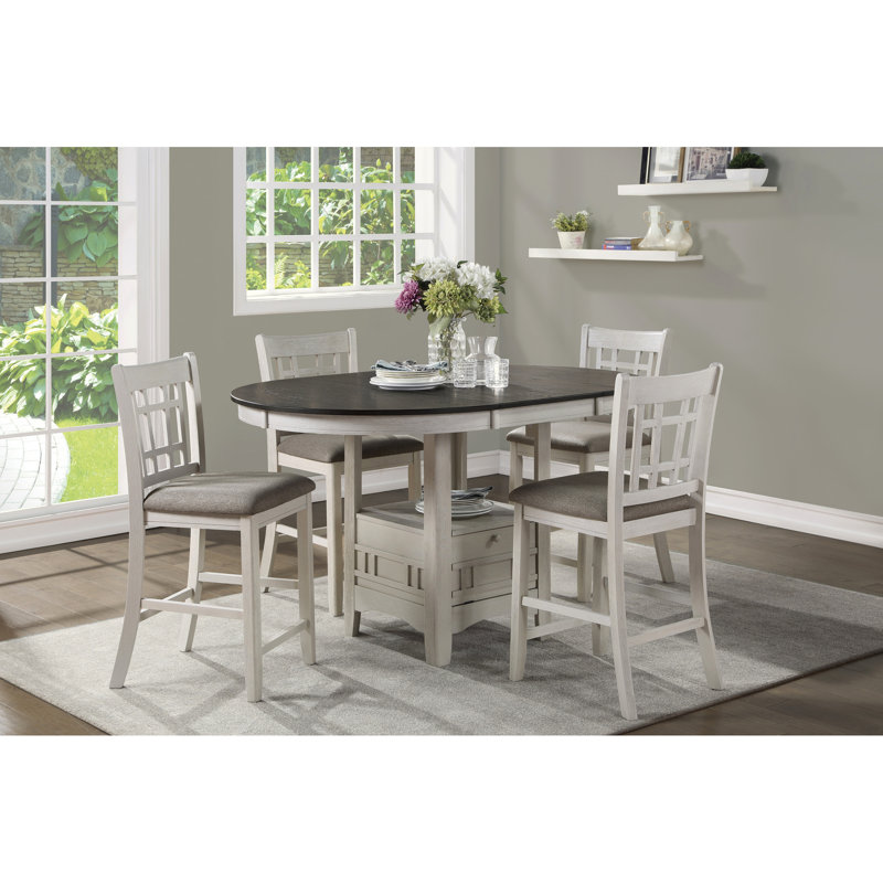 Table de salle à manger à hauteur de comptoir avec rallonge et rangement au fini blanc antique / brun, hauteur de style traditionnel, blanc